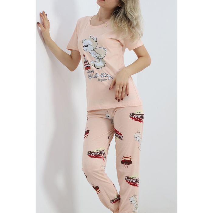 Desenli Pijama Takımı Pudra2