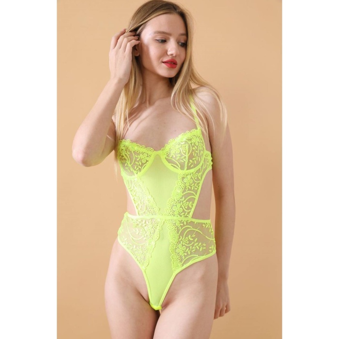 Kadın Neon Sarı Transparan Dantel Detaylı Bodysuit Seksi Brode İç Çamaşırı