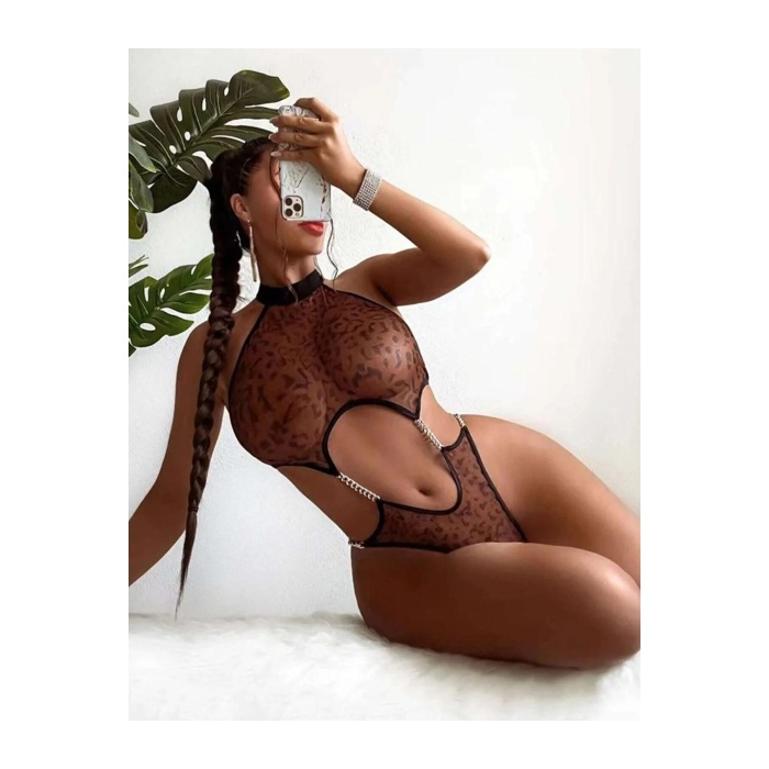 Kadın Seksi Leopar Desen Kahverengi Bodysuit Zincir Aksesuarlı Özel Gece Giyim Babydoll