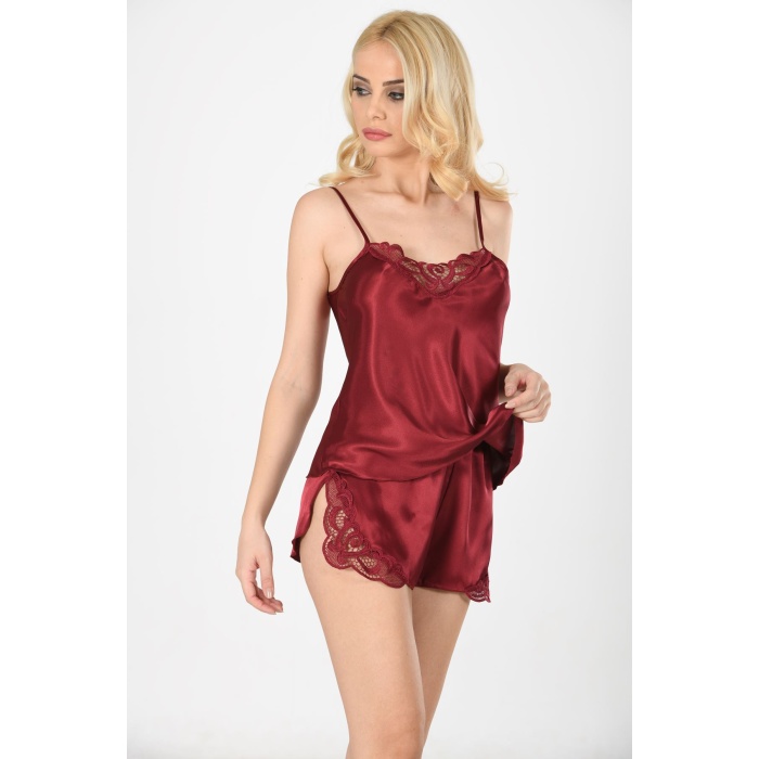 Bordo Saten Babydoll Şortlu Takım - 281