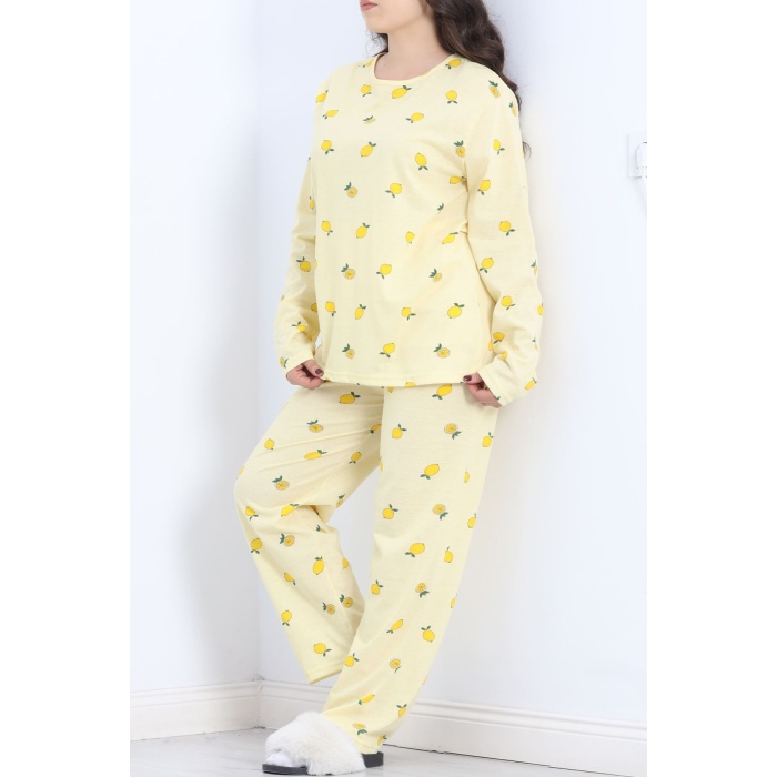 Bisiklet Yaka Battal Pijama Takımı Limonsarı