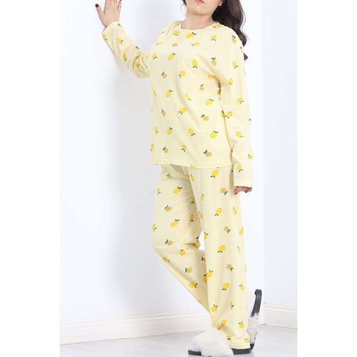 Bisiklet Yaka Battal Pijama Takımı Limonsarı