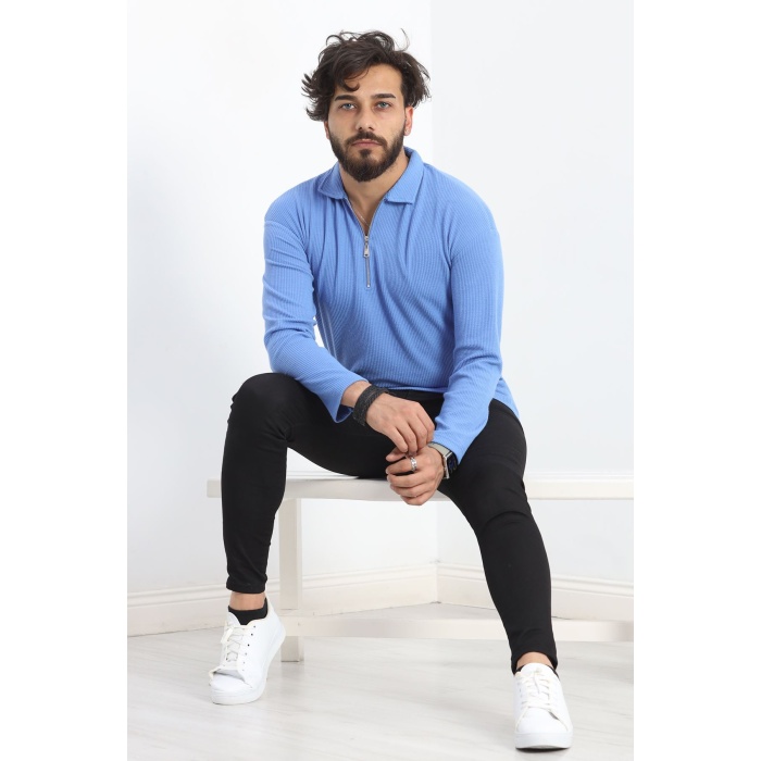 Polo Yaka Fermuarlı Erkek Sweatshirt Mavi