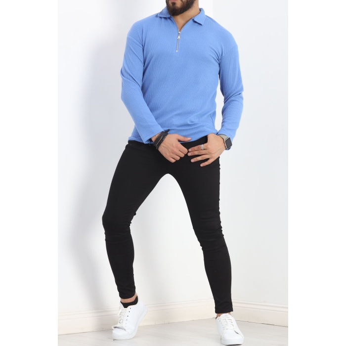 Polo Yaka Fermuarlı Erkek Sweatshirt Mavi