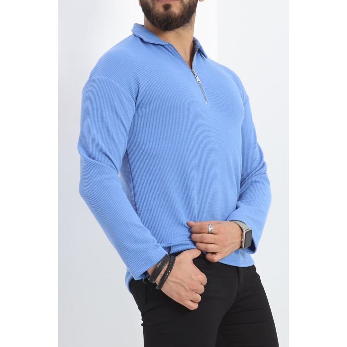 Polo Yaka Fermuarlı Erkek Sweatshirt Mavi