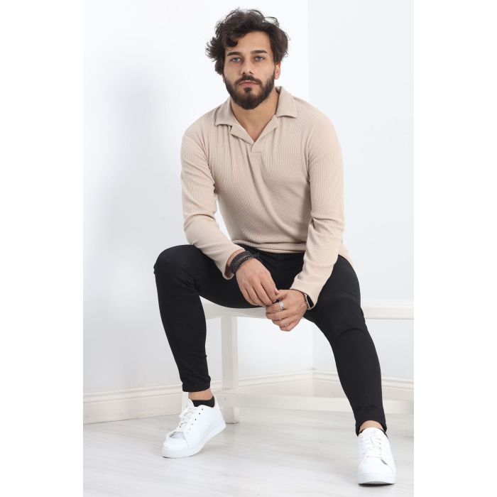 Polo Yaka Uzun Kol Erkek Sweatshirt Taş