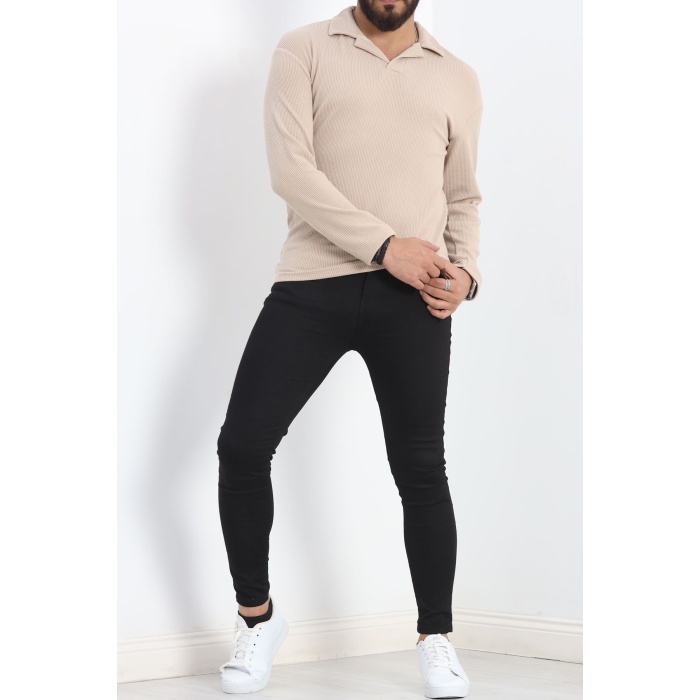 Polo Yaka Uzun Kol Erkek Sweatshirt Taş