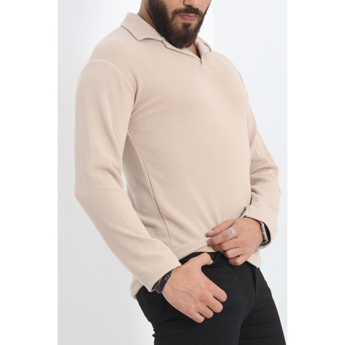 Polo Yaka Uzun Kol Erkek Sweatshirt Taş