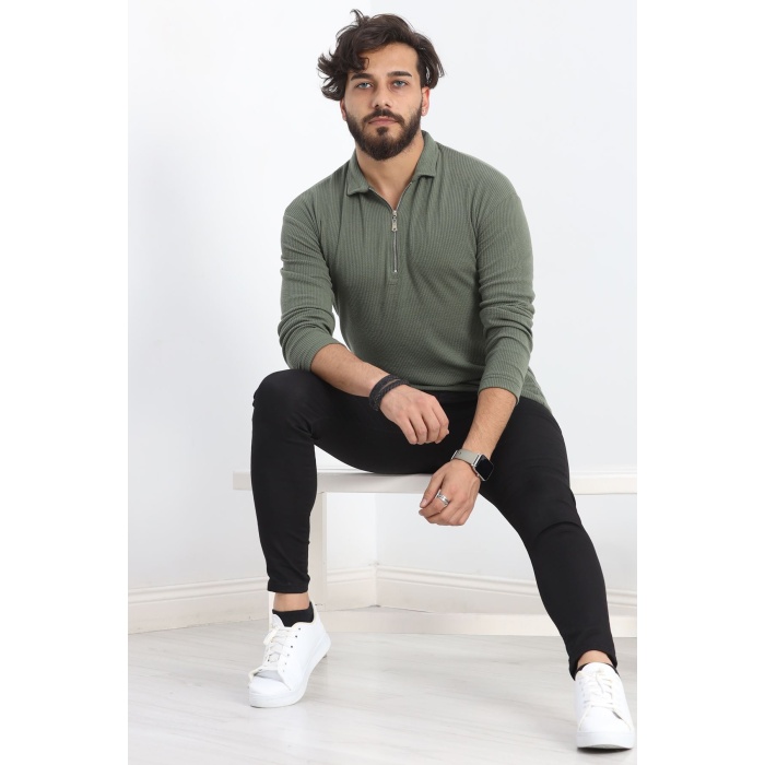 Polo Yaka Fermuarlı Erkek Sweatshirt Haki