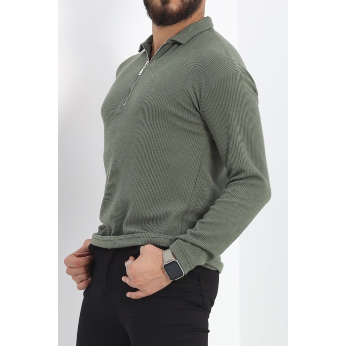 Polo Yaka Fermuarlı Erkek Sweatshirt Haki