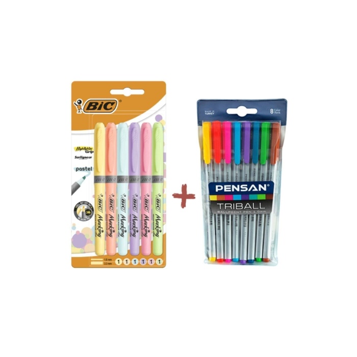 Pensan Triball Tük. Kalem 8li + Bic Pastel Fosforlu Kalem 6lı