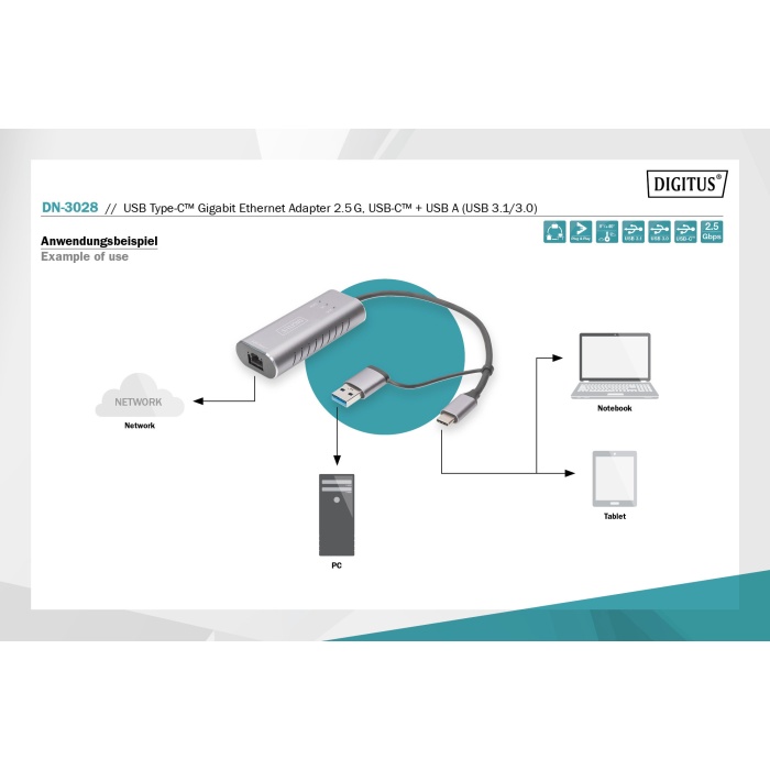 DIGITUS DN-3028 USB 3.0 ETHERNET ADAPTÖR TYPE C