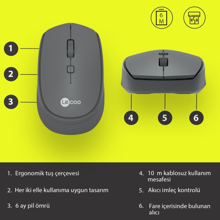 LENOVO LECOO WS202-G GRİ USB KABLOSUZ MOUSE