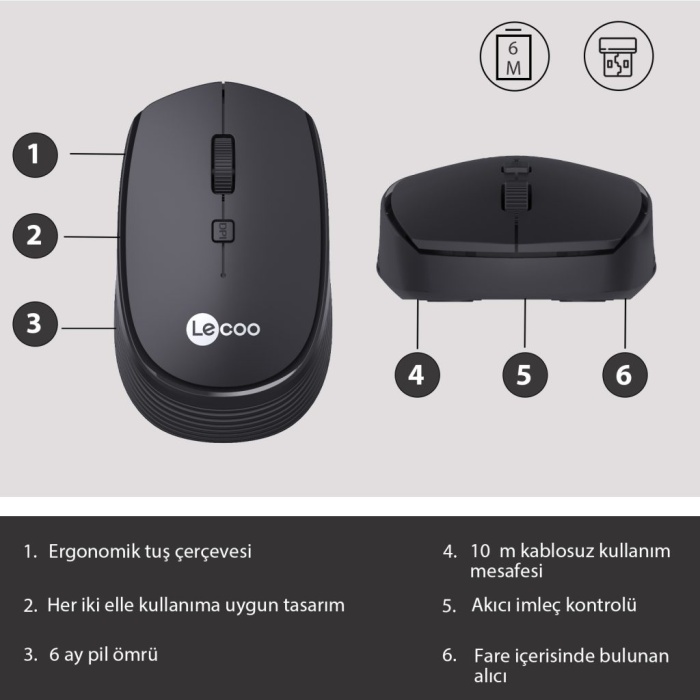 LENOVO LECOO WS202 SİYAH USB KABLOSUZ MOUSE