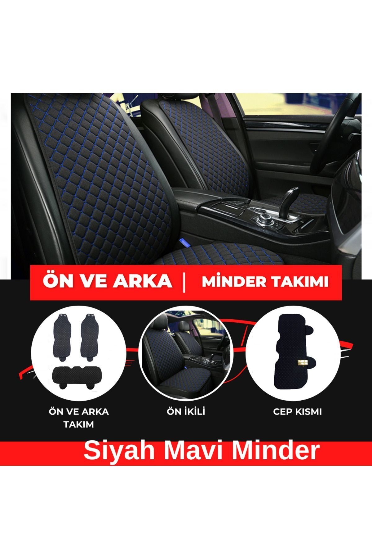 Araba Koltuk Minderi Kumaş Üçlü Koltuk Minderi Terletmez Ergonomik Siyah Mavi