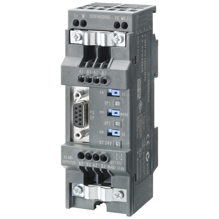 SIMATIC DP, RS485 repeater For connection of PROFIBUS/MPI bus systems with max. 31 nodes max. baud rate 12 Mbit/s, Degree of protection IP20 Improved user handling