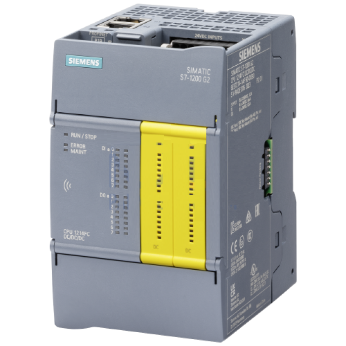 SIMATIC S7-1200 G2: failsafe compact CPU 1214FC DC/DC/RLY; power supply: DC 20.4-28.8 V DC; onboard I/O: 14x DI 24 V DC; 10 DO relay 2 A; memory: program 300 KB data: 750 KB, retentivity: 20 KB