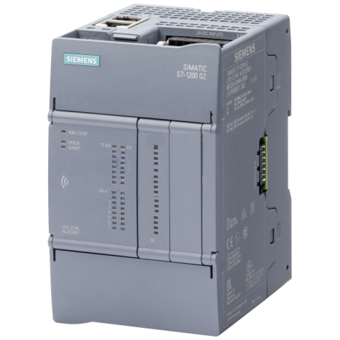 SIMATIC S7-1200 G2: compact CPU 1214C DC/DC/RLY; power supply: DC 20.4-28.8 V DC; onboard I/O: 14x DI 24 V DC; 10 DO relay 2 A; memory: program 250 KB data: 750 KB, retentivity: 20 KB