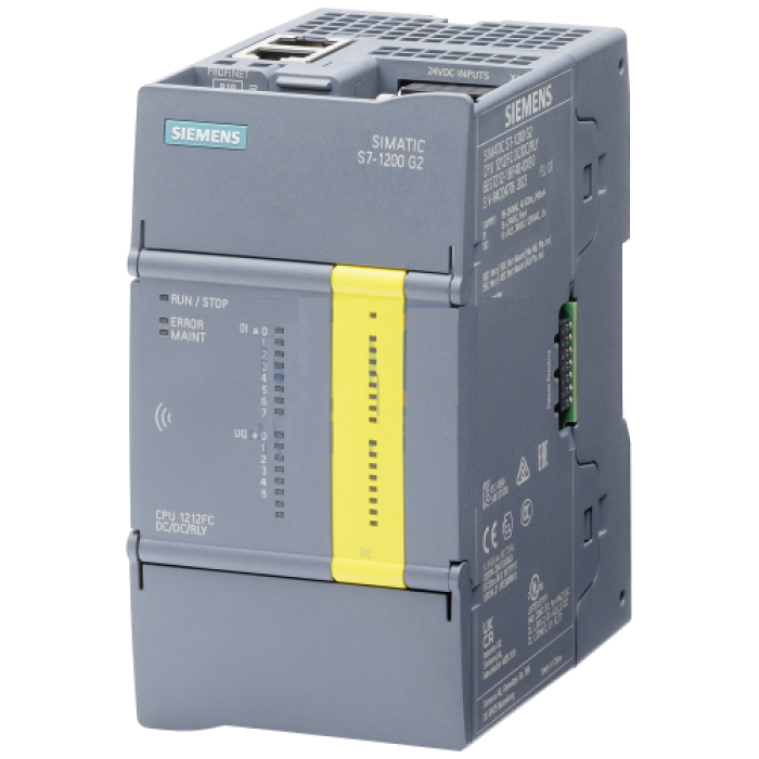 SIMATIC S7-1200 G2: failsafe compact CPU 1212FC DC/DC/RLY; power supply: DC 20.4-28.8 V DC; onboard I/O: 8x DI 24 V DC; 6 DO relay 2 A; memory: program 200 KB data: 500 KB, retentivity: 20 KB