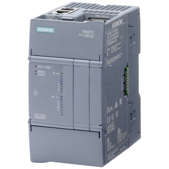 SIMATIC S7-1200 G2: compact CPU 1212C DC/DC/RLY; power supply: DC 20.4-28.8 V DC; onboard I/O: 8x DI 24 V DC; 6 DO relay 2 A; memory: program 150 KB data: 500 KB, retentivity: 20 KB