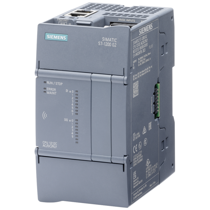 SIMATIC S7-1200 G2: compact CPU 1212C AC/DC/RLY; power supply: AC 85-264 V AC at 47-63 Hz; onboard I/O: 8x DI 24 V DC; 6 DO relay 2 A; memory: program 150 KB data: 500 KB, retentivity: 20 KB