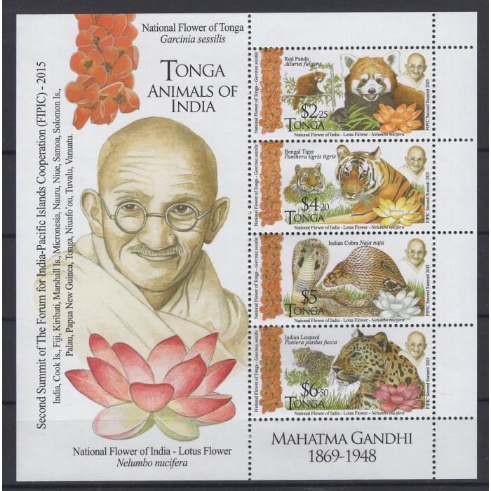 HAYVANLAR-GANDHI-LOTUS-ÇİÇEKLER-2015 TONGA-DAMGASIZ MNH BLOK-YÜKSEK NOMİNAL VE KD