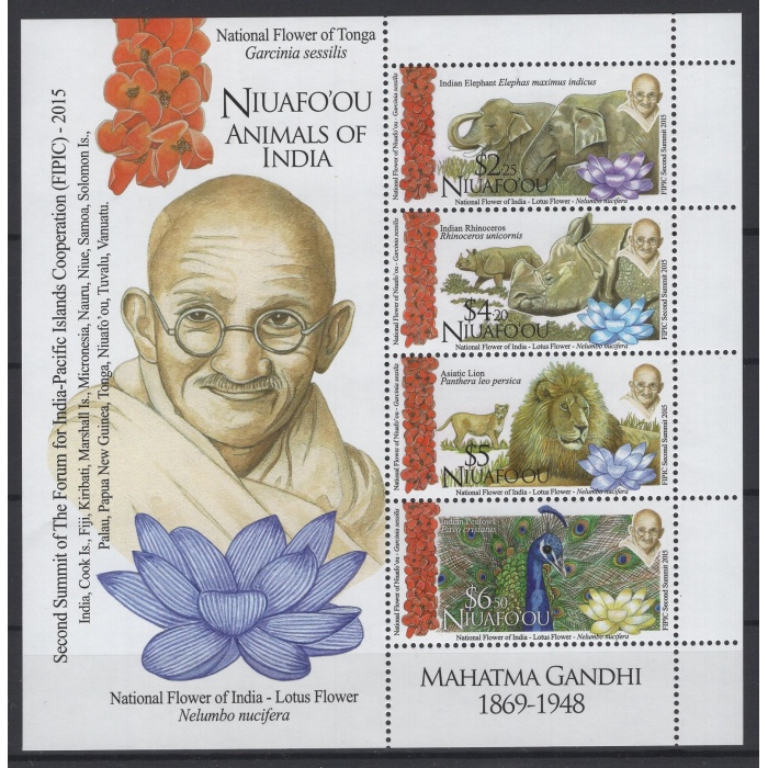 HAYVANLAR-GANDHI-LOTUS-ÇİÇEKLER-2015 NIUAFOOU-DAMGASIZ MNH BLOK-YÜKSEK NOMİNAL VE KD