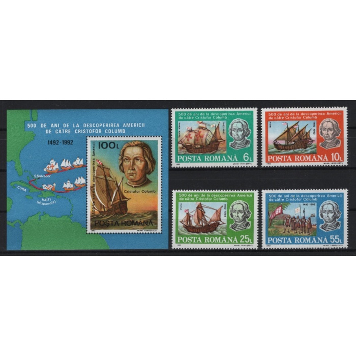 GEMİLER-KRİSTOF KOLOMB-1992 ROMANYA-DAMGASIZ MNH BLOK + TAM SET