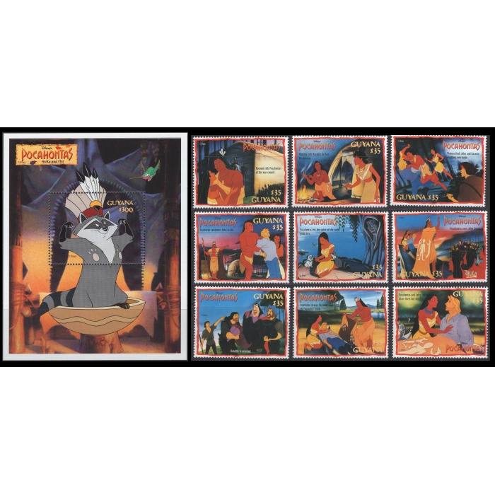 DİSNEY-POCAHONTAS-1995 GUYANA-DAMGASIZ MNH TAM SET + BLOK