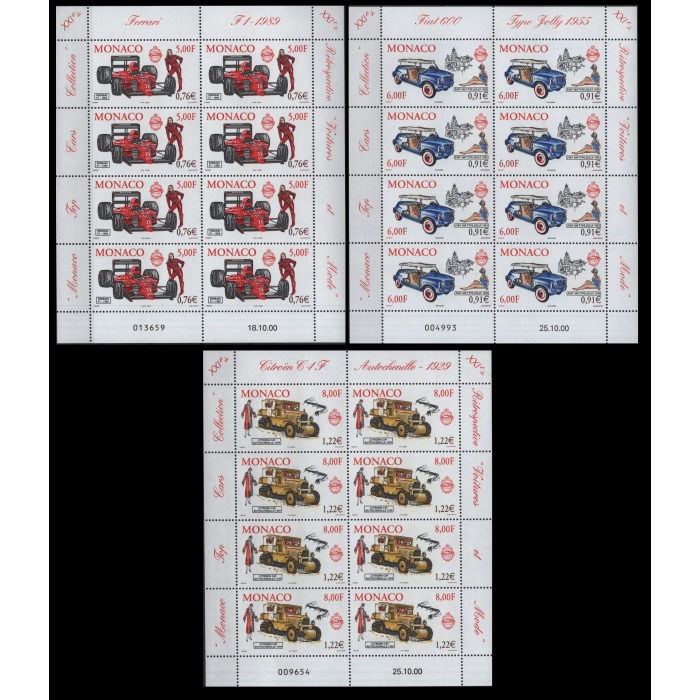 KLASİK OTOMOBİLLER-2001 MONAKO-DAMGASIZ MNH 8Lİ TABAKA TAM SET-NOMİNAL 23 EURO