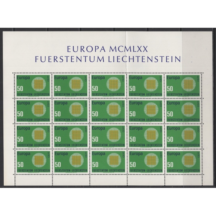 AVRUPA CEPT 1970 LIECHTENSTEIN-DAMGASIZ MNH 20Lİ TABAKA TABAKA TAM SET-ORTADAN KATLI