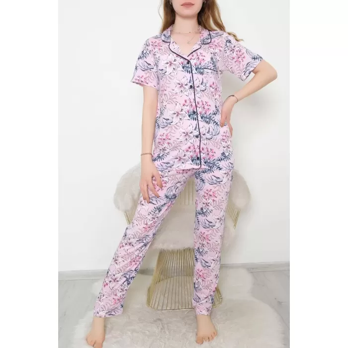 Düğmeli Pijama Takımı Pembedesenli