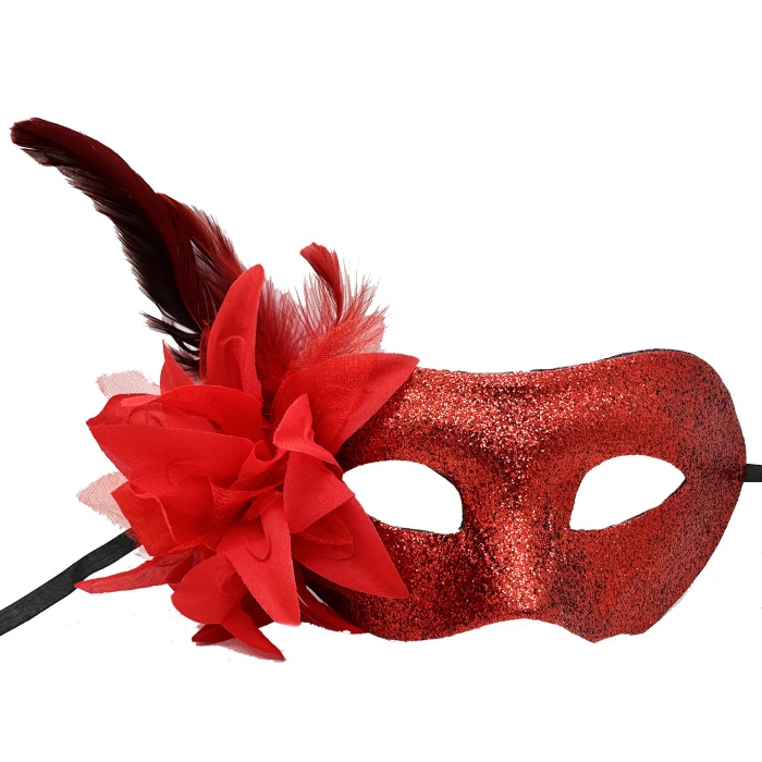 Kırmızı Renk Metalize Sim Görünümlü Parlak Tüylü Parti Maskesi 22x19 cm