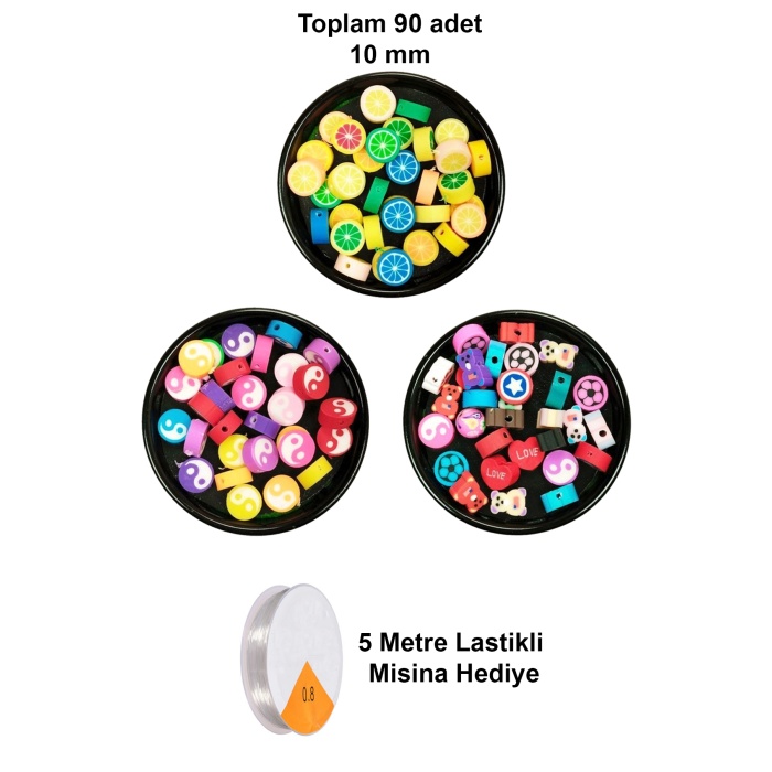 90 Adet 10 mm Polimer Kil Fimo Boncuk Takı Bileklik + 5 Metre Misina Hediye - Yin Yang - Karışık - Limon