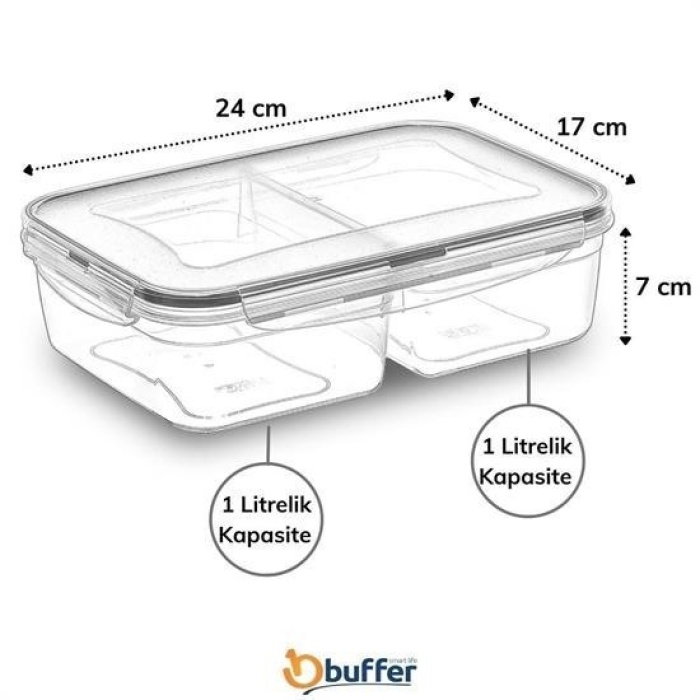  2 Bölmeli 1+1 Litre Kilitli Kapaklı Erzak Saklama Kabı LC-525