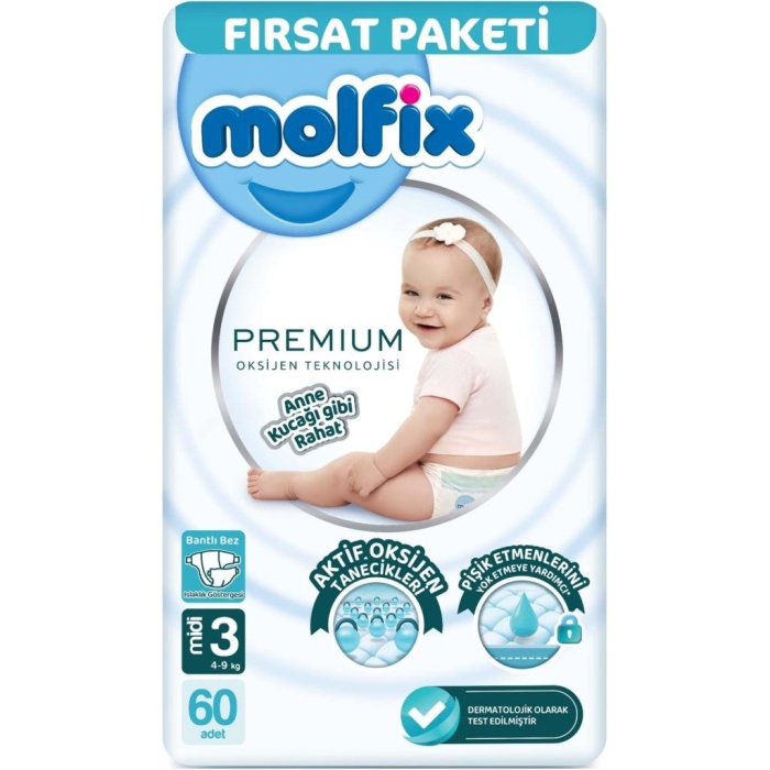    Molfix Premium Bebek Bezi Fırsat Paketi 3 Beden 4-9 Kg 60 Adet