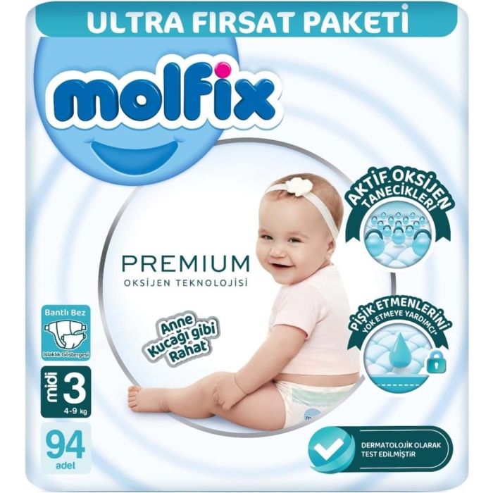    Molfix Premium Bebek Bezi Ultra Fırsat Paketi 3 Beden 4-9 Kg 94 Adet