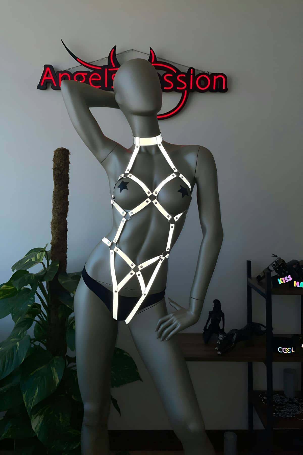 TOPTANBULURUM Dansçı Aksesuarları Reflektörlü Body Harness - Ürün Rengi:Beyaz