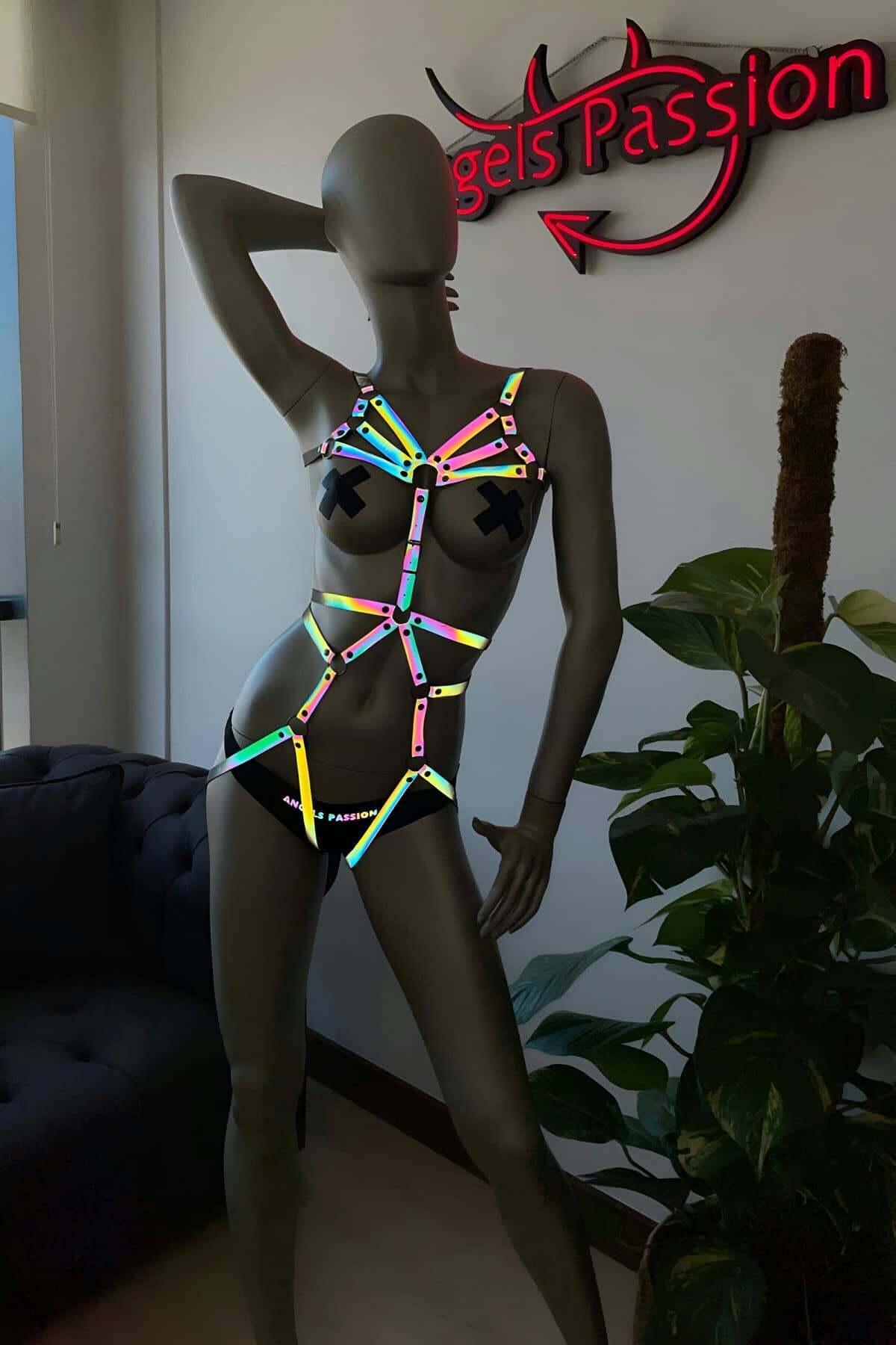 TOPTANBULURUM Direk Dans KıyafetleriŞık Reflektörlü Body Harness - Ürün Rengi:Rainbow Reflektör