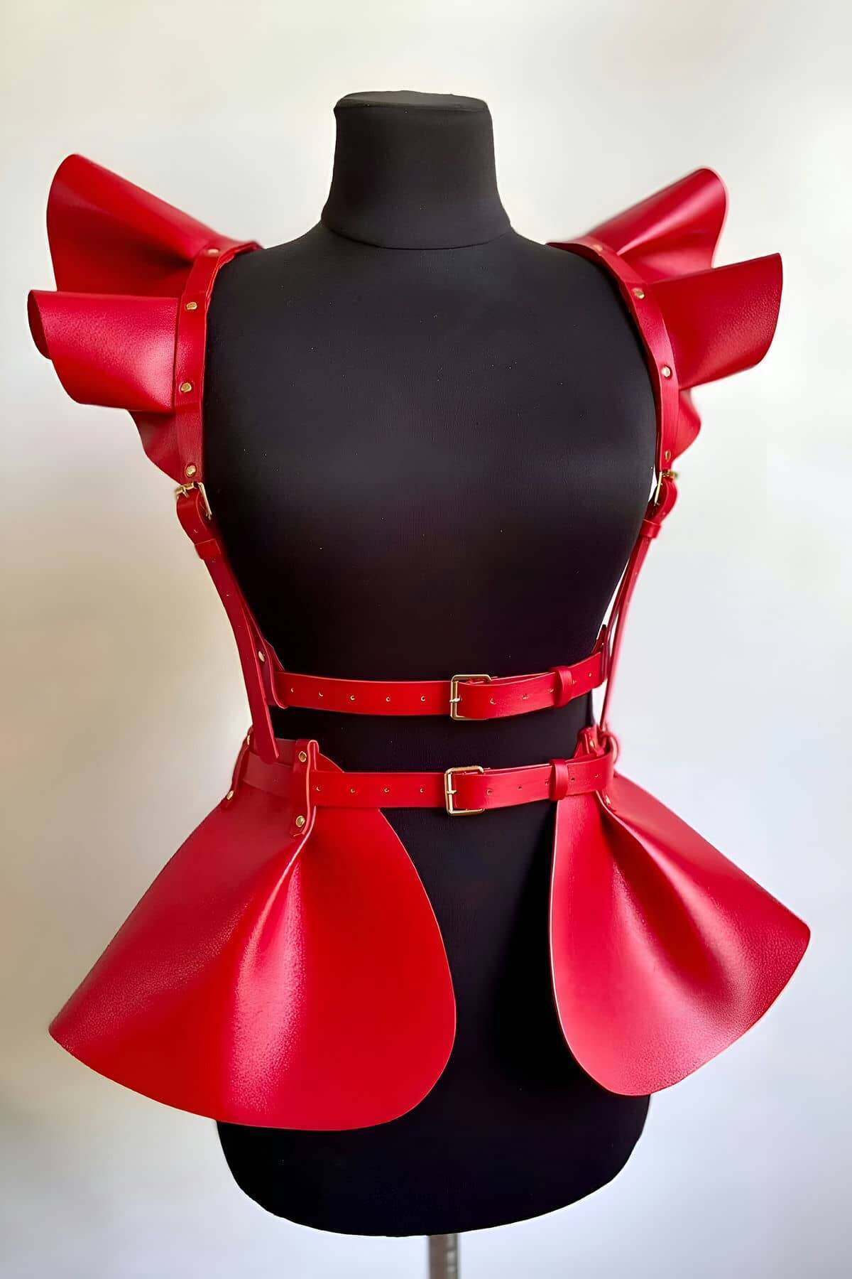 TOPTANBULURUM Deri Elbise Harness, Şık Mini Deri Elbise, Prenses Deri Elbise - Ürün Rengi:Kırmızı