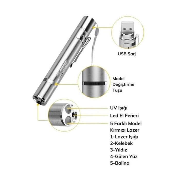 Usb İle Şarj Edilebilen 3In 1 Kırmızı Işık +Beyaz Led Meşale Işık + Uv El Feneri Kedi Lazeri