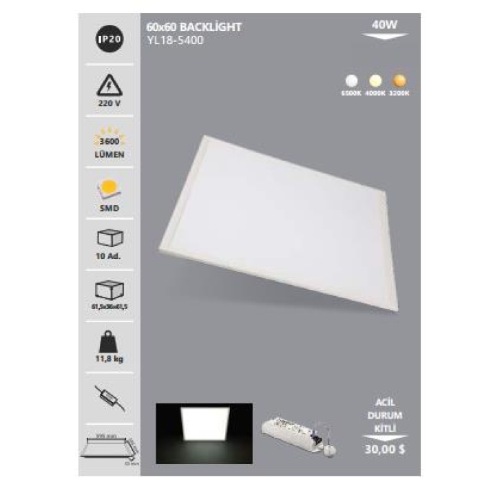 Noas 40W 60x60 Backlight Led Sıva Altı Panel