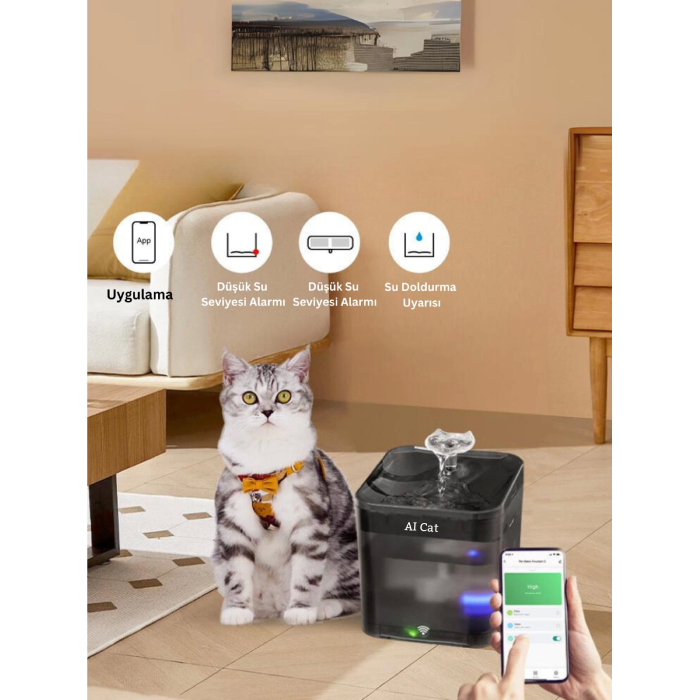 Akıllı Kedi Köpek Su Şelalesi Su Pınarı Su Sebili - Wifi Destekli - Uv - 2.2 Lt Otomatik Su Kabı