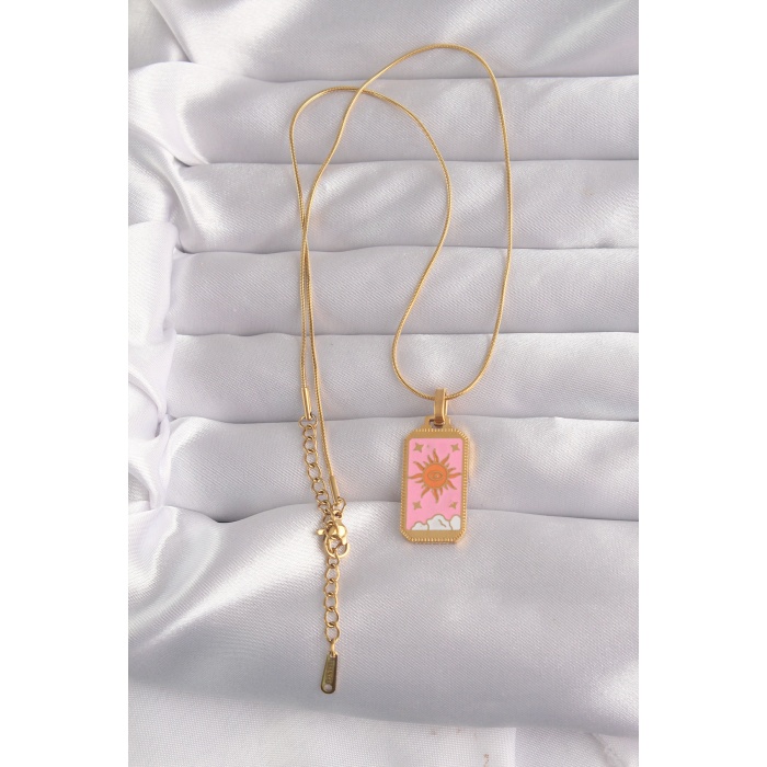 316L Çelik Gold Renk Pembe Mineli Güneş Model Tarot Kolye - TJ-BKO9029