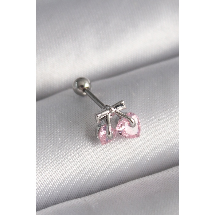 316L Çelik Gümüş Renk Pembe Zirkon Taşlı Kalp Tragus Piercing - TJ-PR1235