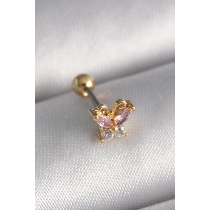 316L Çelik Gold Renk Pembe Zirkon Taşlı Kelebek Tragus Piercing - TJ-PR1240