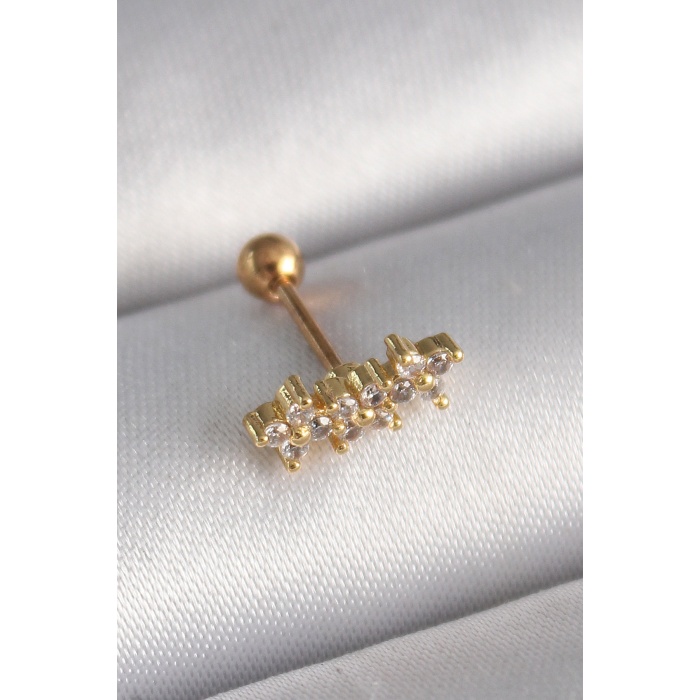 316L Çelik Gold Renk Zirkon Taşlı Yonca Tragus Piercing - TJ-PR1254