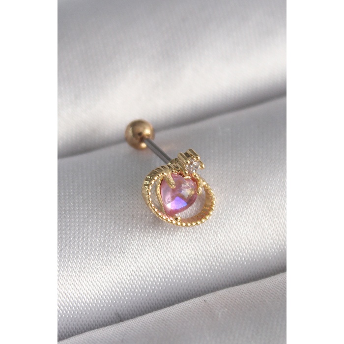 316L Çelik Gold Renk Pembe Mineli Kalp Zirkon Taş Detay Tragus Piercing - TJ-PR1272