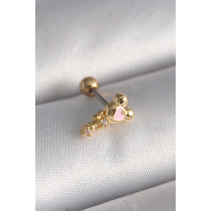 316L Çelik Gold Renk Zirkon Taş Detay Pembe Kalp İşleme Tragus Piercing - TJ-PR1280