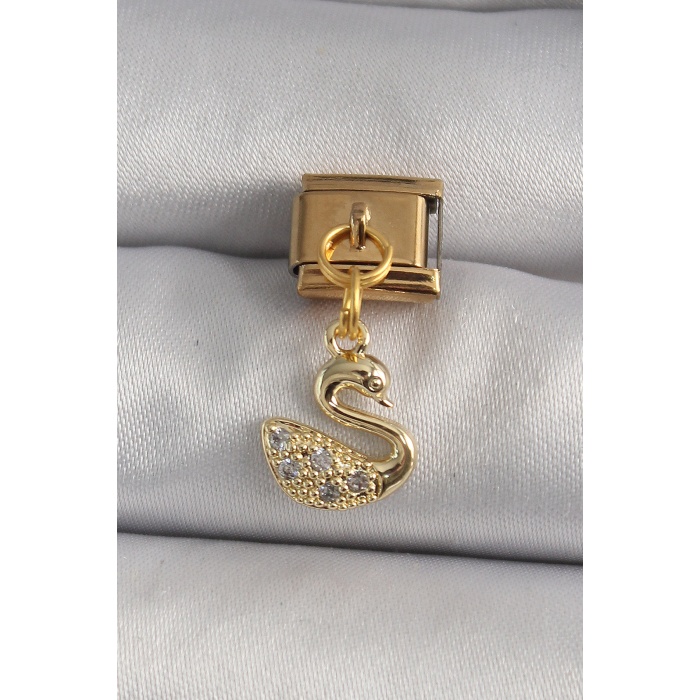 316L Çelik Gold Renk Sallantı Zirkon Taşlı Kuğu Model Nomination Charm - TJ-BC1197